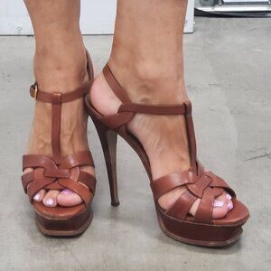 Yves Saint Laurent Tribute Leather 105mm Platform Sandals, Brown, 41.5EU